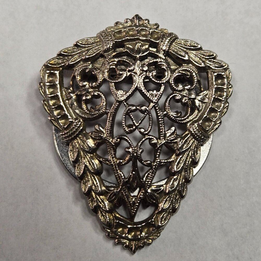 Vintage Triangular Scarf Clip 1970 Era Filigree Silver Color 1 1/2" x 1 1/4"